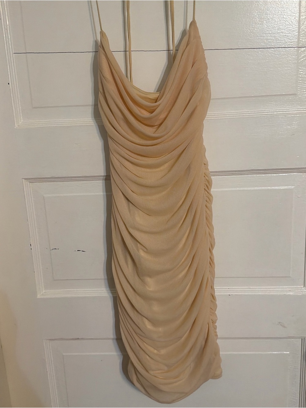 Oh Polly Nude Beige Ruched Cowl Mini Dress